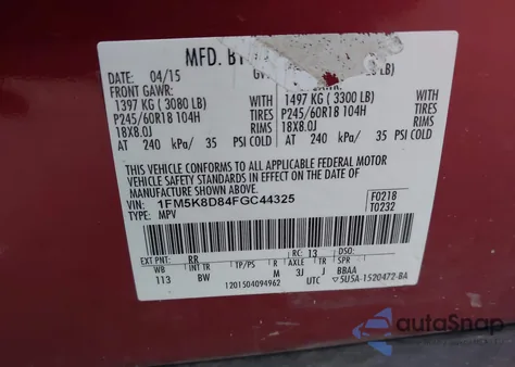 2015 Ford Explorer Xlt from USA, damaged, VIN 1FM5K8D84FGC44325